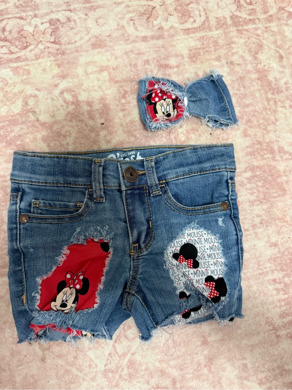 OshKosh B'gosh Denim Minnie Mouse Patch Shorts in Blue and Red